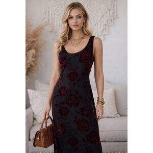 Laura Ashley VTG Floral Velvet Sleeveless Maxi Shift Dress Black Copper Size 8